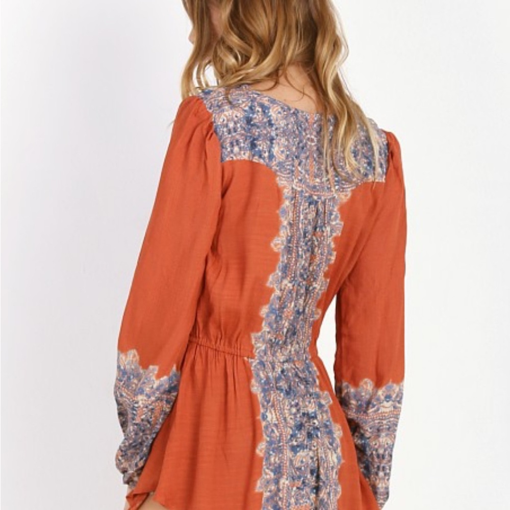 FREE PEOPLE SZ M Slubbed Crinkle Wildest Tunic Persimmon FRONT CRISS CROSS TIE - Picture 9 of 12